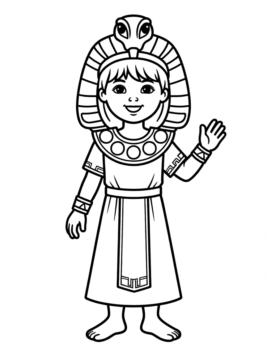 An Egyptian child in a pharaoh-inspired costume with a cobra headpiece.