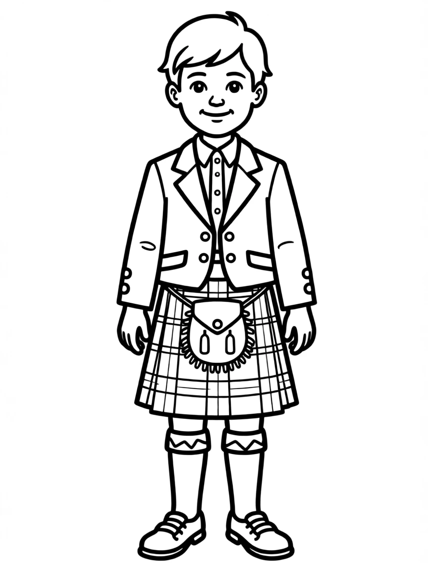 A Scottish child in a full tartan kilt outfit with a sporran.