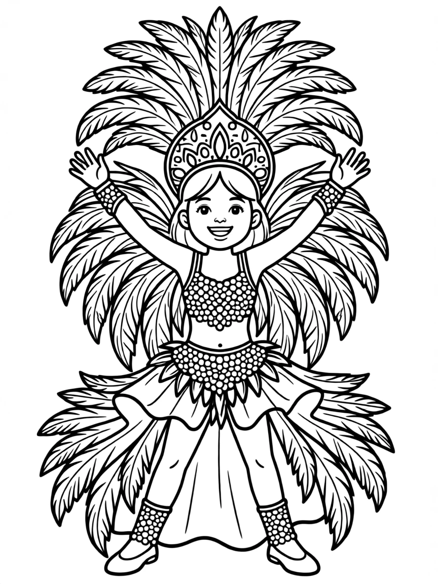 A Brazilian child in an elaborate samba costume with feathers and sequins.