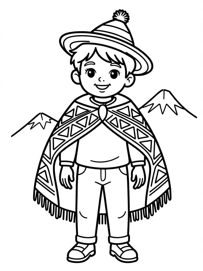 A Peruvian child in a vibrant woven textile cape and multi-colored hat.