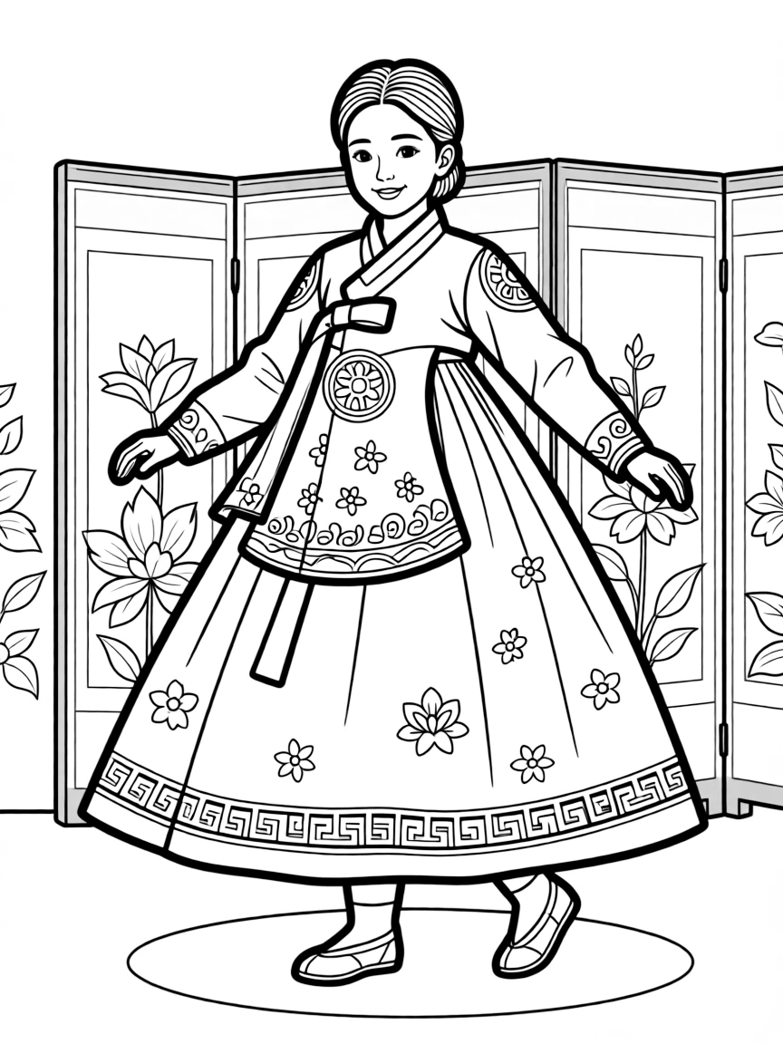 A Korean child in a luxurious hanbok with gold patterns.