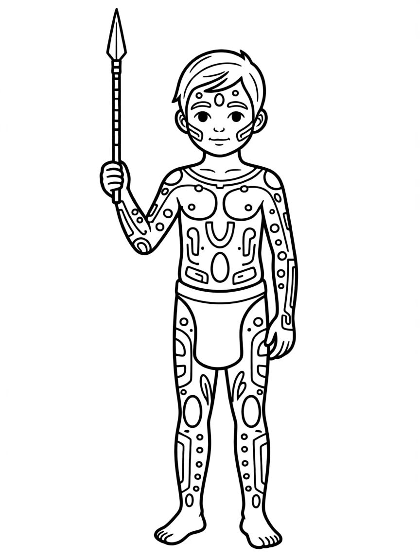 An Australian Aboriginal child with full body paint and a spear.