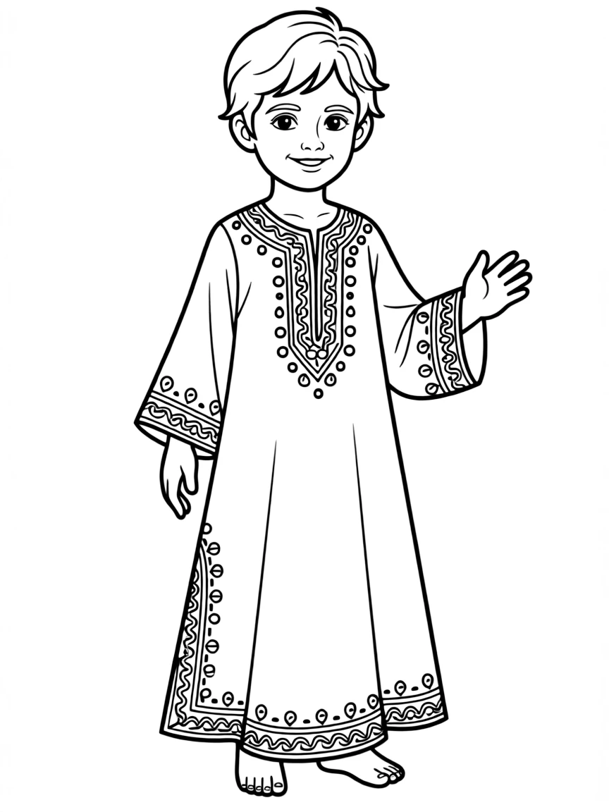 A Bedouin child in a flowing abaya with intricate embroidery.