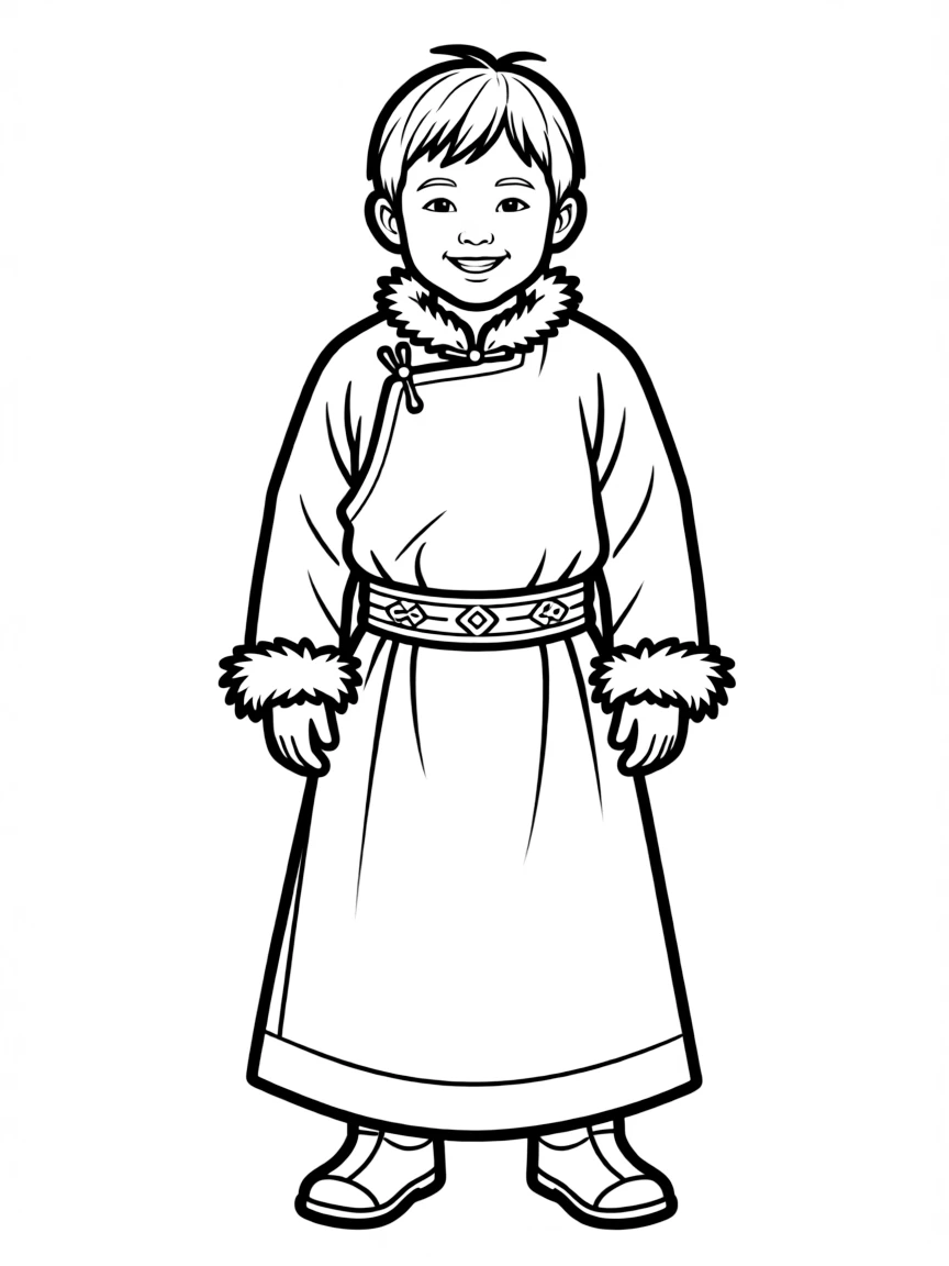 A Mongolian child in a deel with fur trim and a traditional belt.