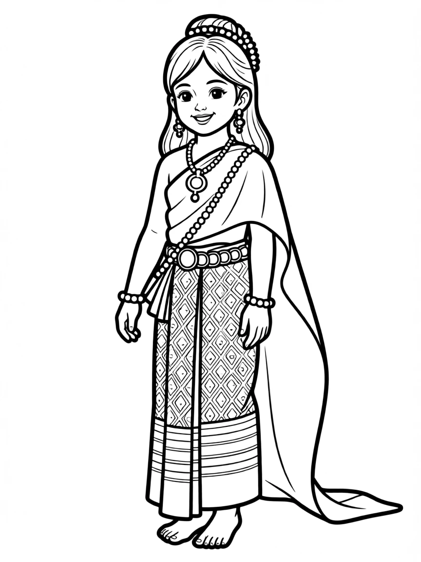 A Thai child in a traditional silk dress with ornate gold jewelry.