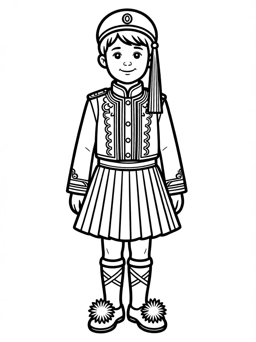 A Greek child in a detailed evzone uniform with a fustanella skirt.