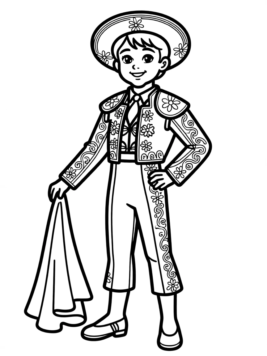 A Spanish child in a full bullfighter costume with detailed embroidery.