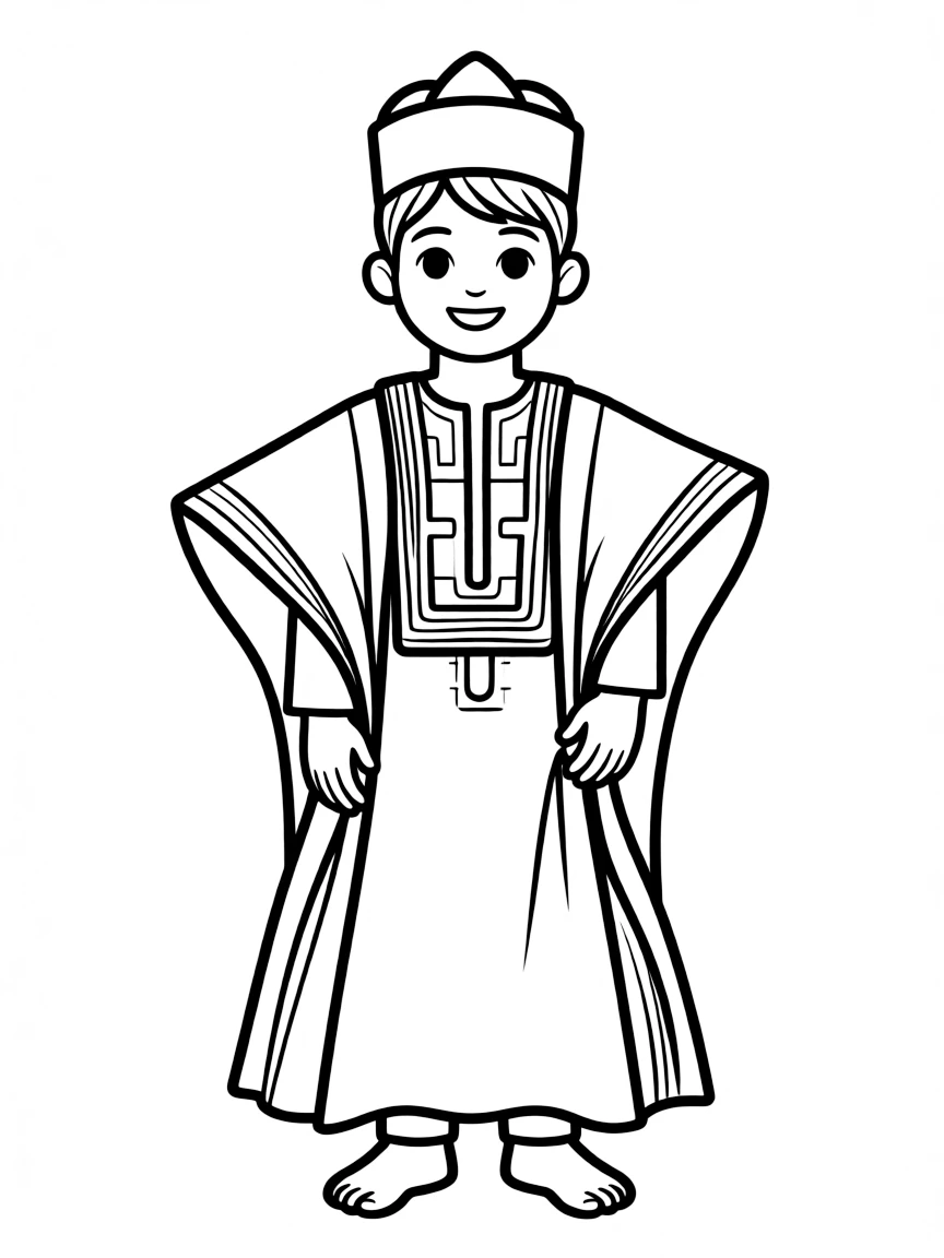A Nigerian child in a ceremonial agbada with a distinct cap.