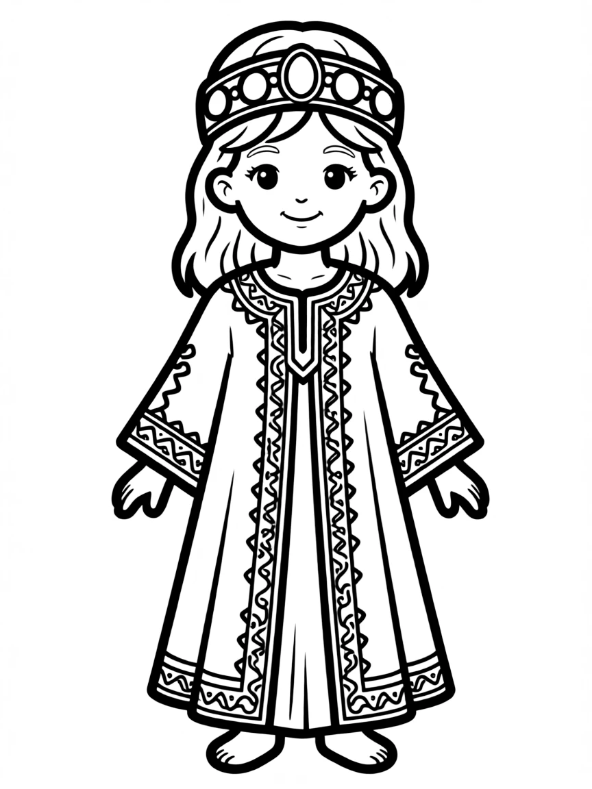A Moroccan child in a richly embroidered caftan and jeweled headpiece.