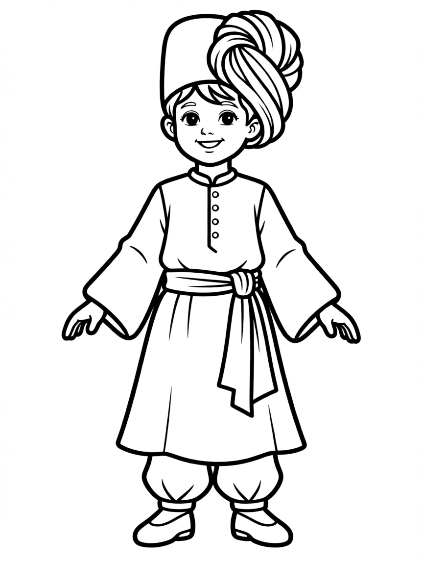 A Turkish child in an Ottoman-era costume with a fez and turban.