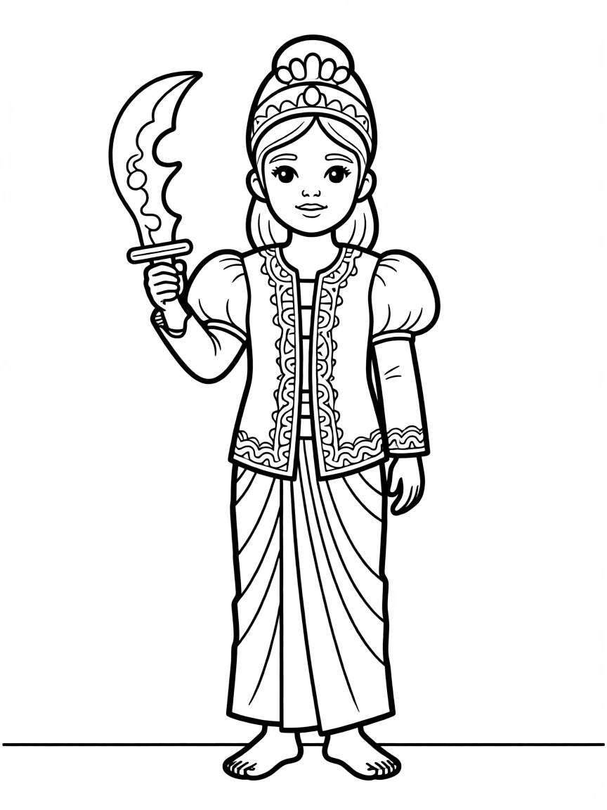 An Indonesian child in a full traditional costume with a kris (dagger).