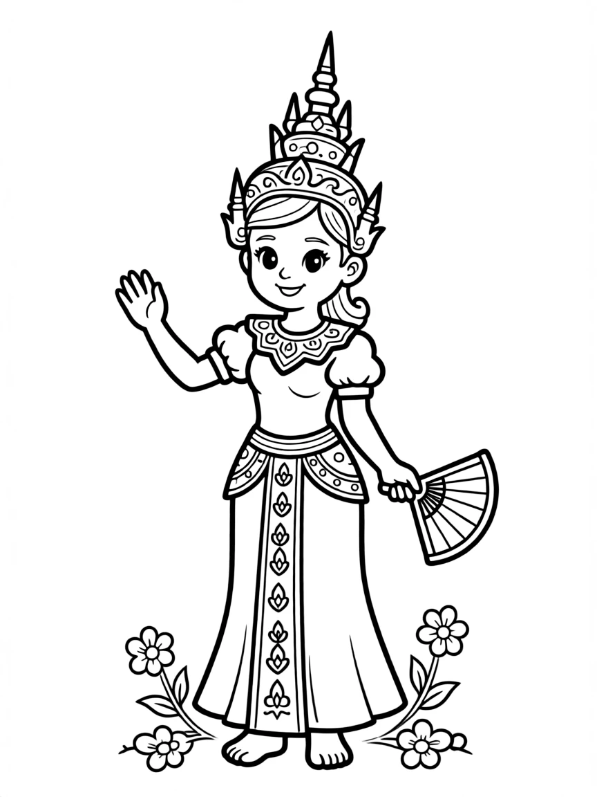 A Cambodian child in a traditional Apsara dancer costume with a crown.