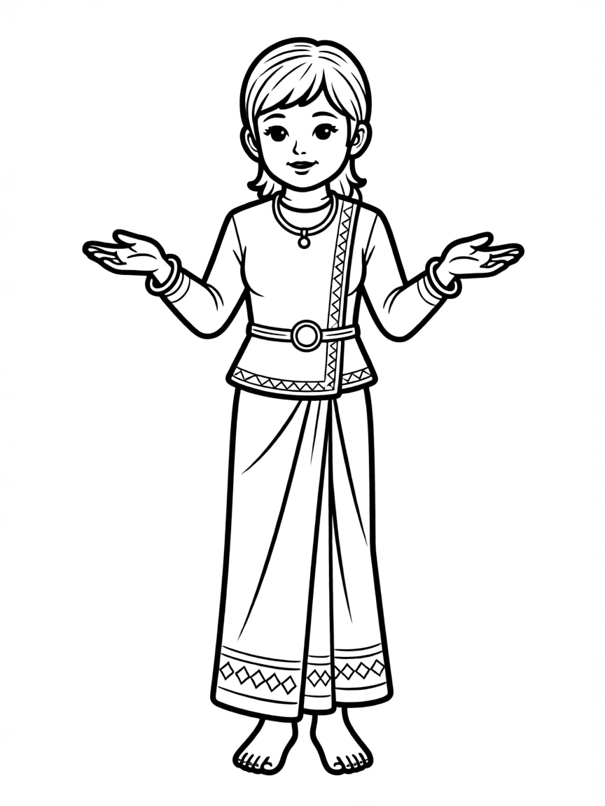 A Laotian child in a full traditional silk outfit with gold accessories.