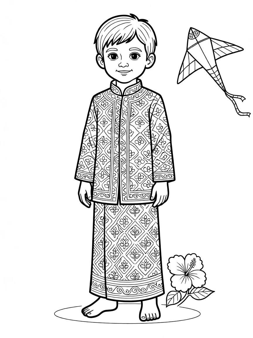 A Malaysian child in a ceremonial baju kurung with songket fabric.