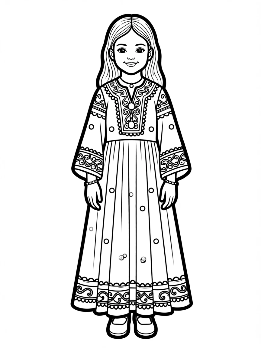 An Afghan child in a detailed Kuchi dress with mirrors and embroidery.