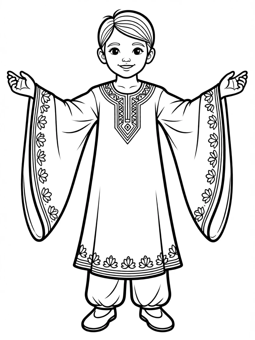 An Iranian child in a traditional Persian costume with flowing sleeves.