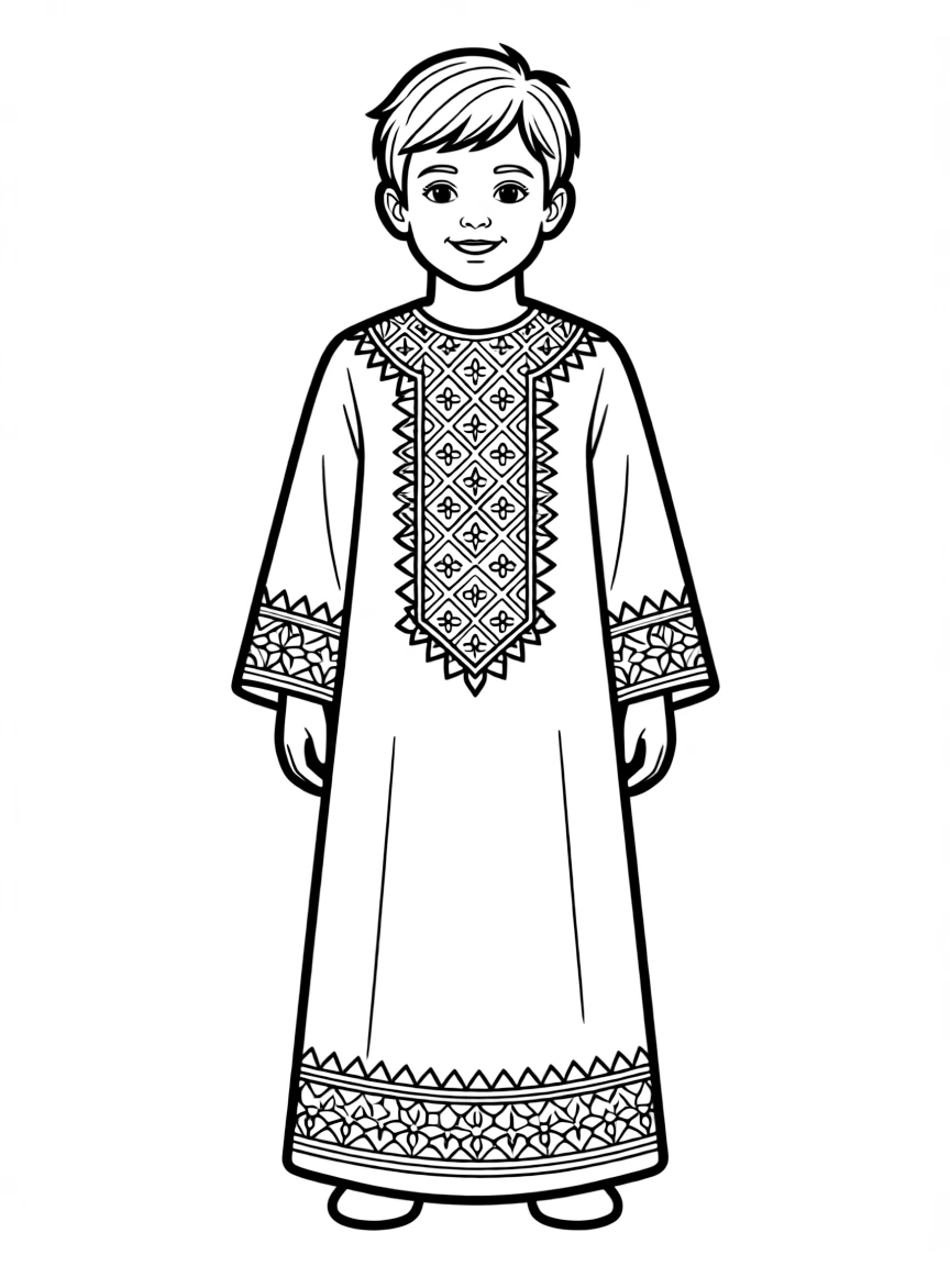 A Palestinian child in a thobe with very detailed cross-stitch embroidery.