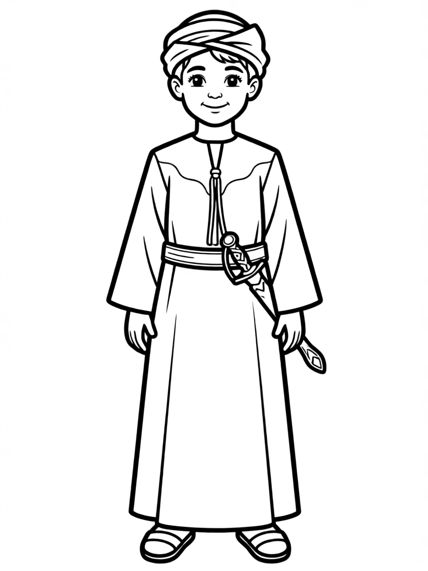 An Omani child in a formal dishdasha with a decorative khanjar (dagger).