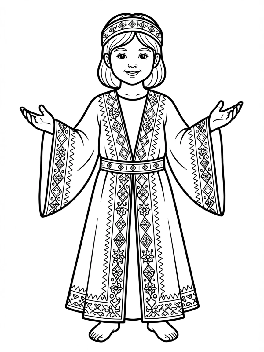 An Iraqi child in a traditional Assyrian costume with intricate patterns.