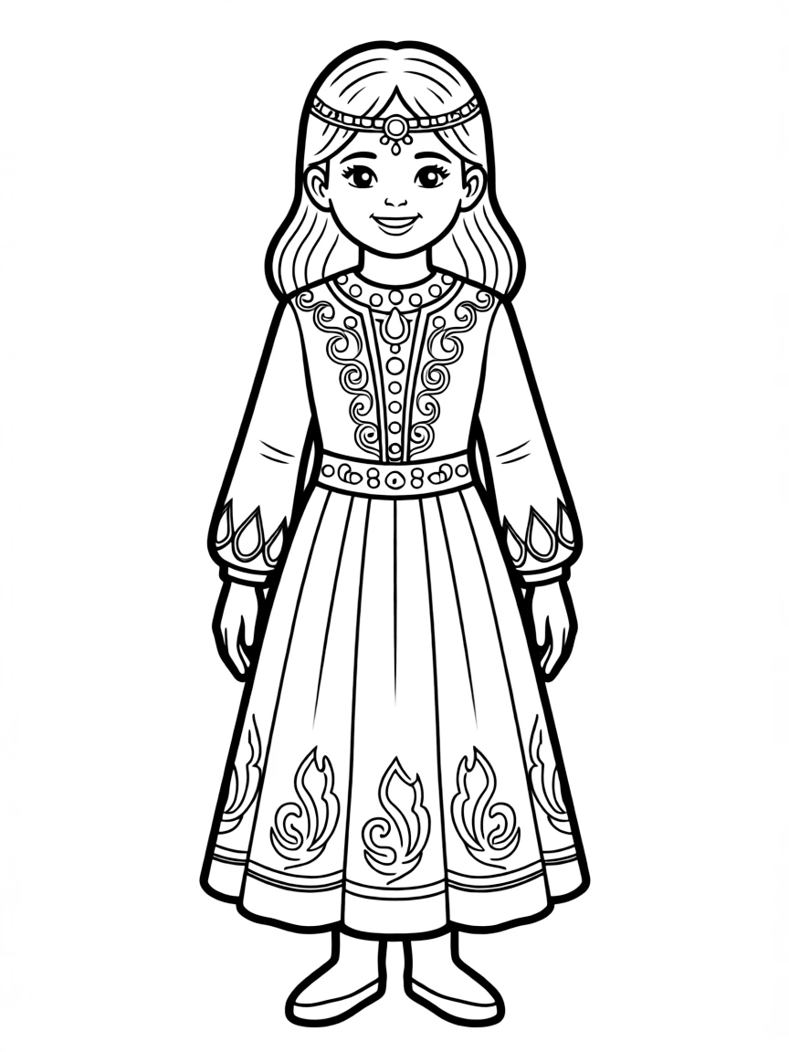 A Syrian child in a traditional Circassian dress with silver decorations.
