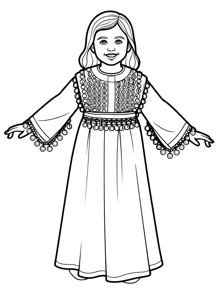 A Jordanian child in a Bedouin wedding dress with coin decorations.