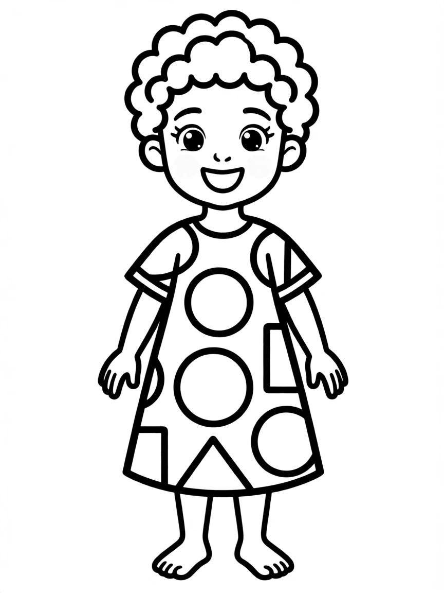 A smiling African girl in a simple Ankara dress with big, bold shapes.
