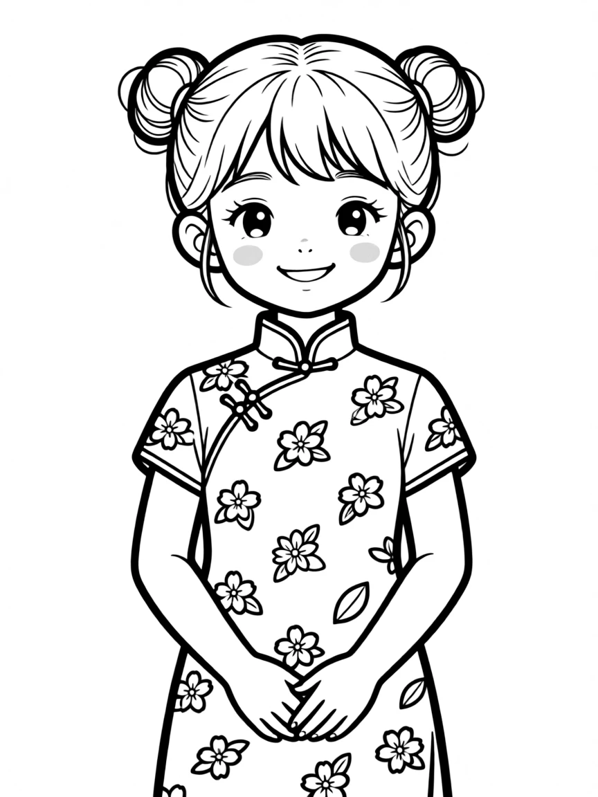 A cheerful Chinese girl in a simple cheongsam with a flower pattern.