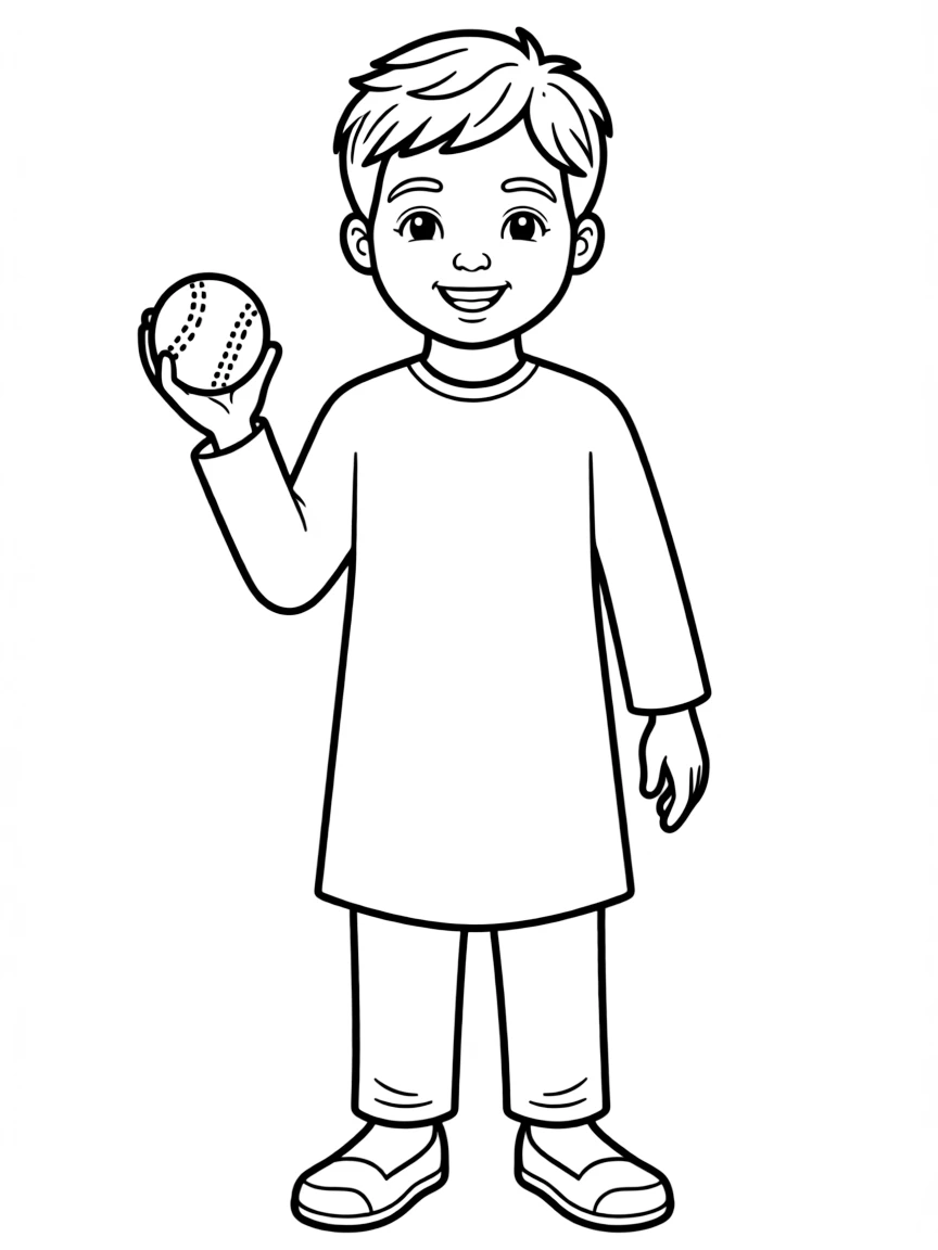 A happy Indian boy in a simple kurta, holding a small cricket ball.
