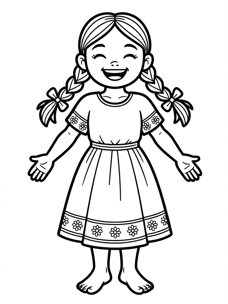 An excited Mexican girl with braids and ribbons, wearing a simple embroidered dress.