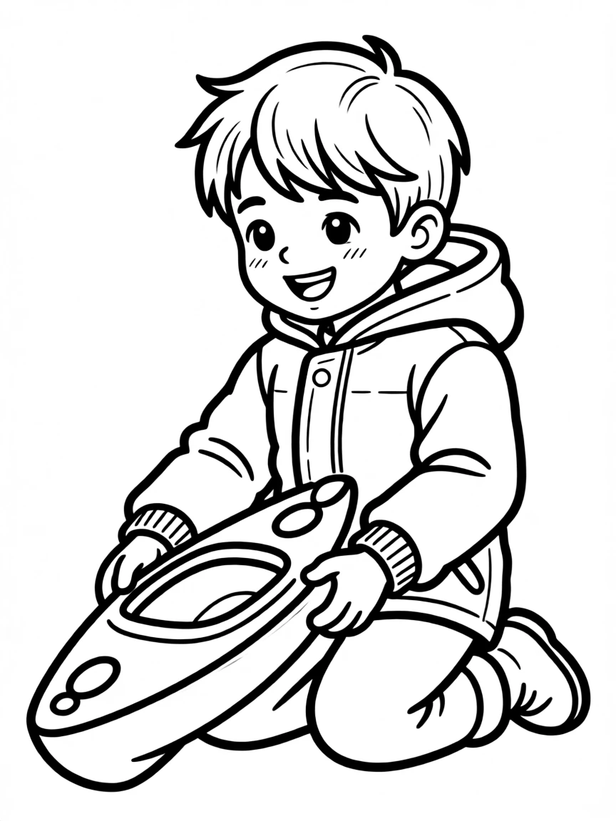 An Inuit boy in a warm, plain parka, playing with a toy kayak.