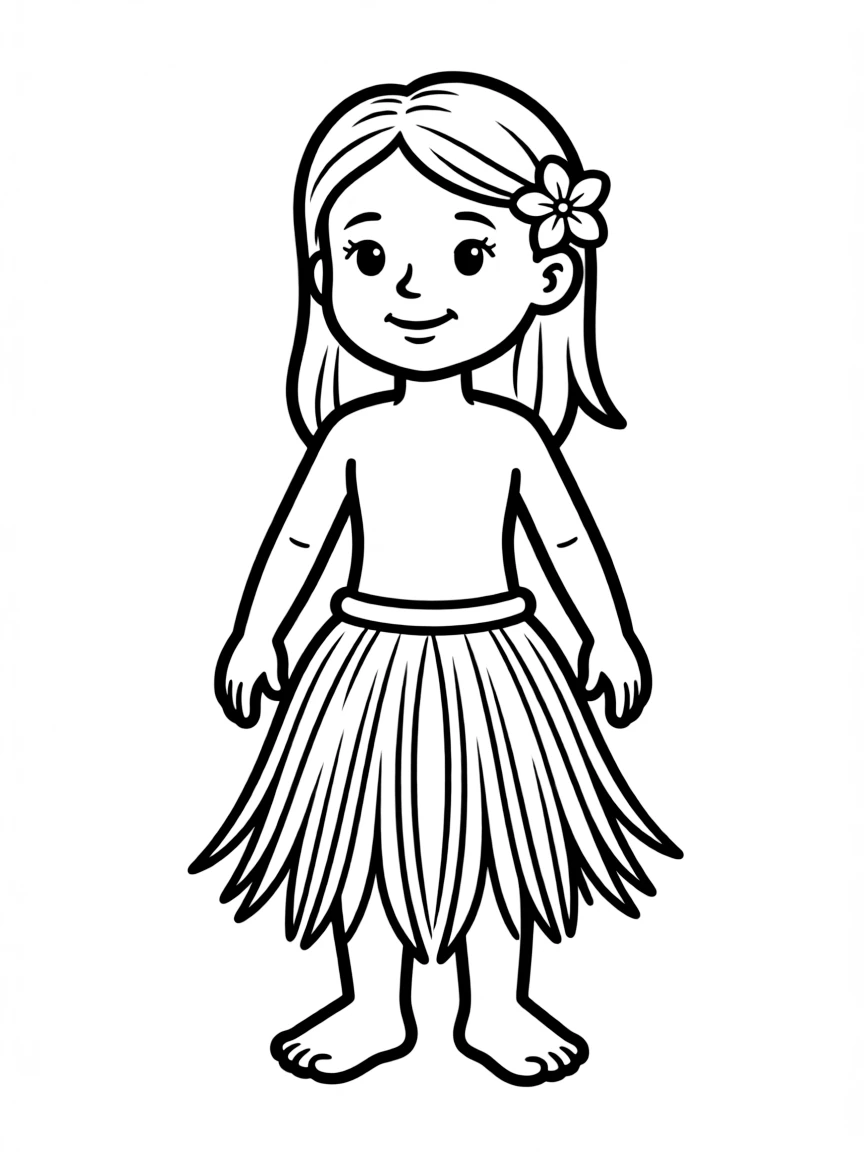 A Hawaiian girl with a simple flower behind her ear, wearing a plain grass skirt.