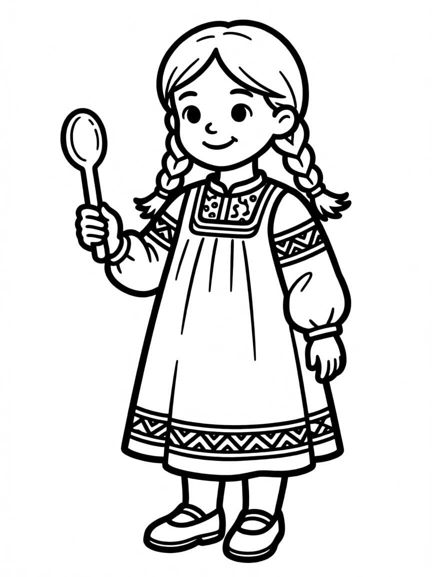A Russian girl in a simple, brightly colored sarafan, holding a small wooden spoon.