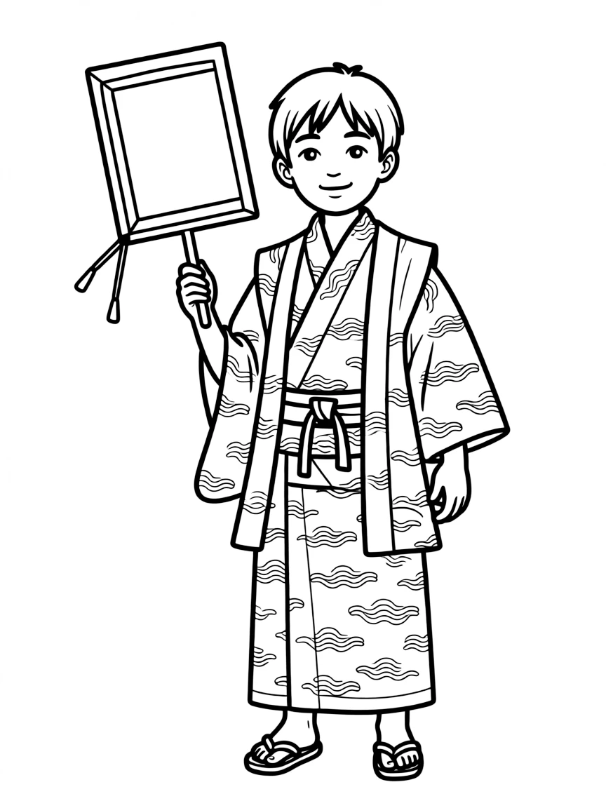 A Japanese boy in a simple kimono with a wave pattern, holding a small kite.