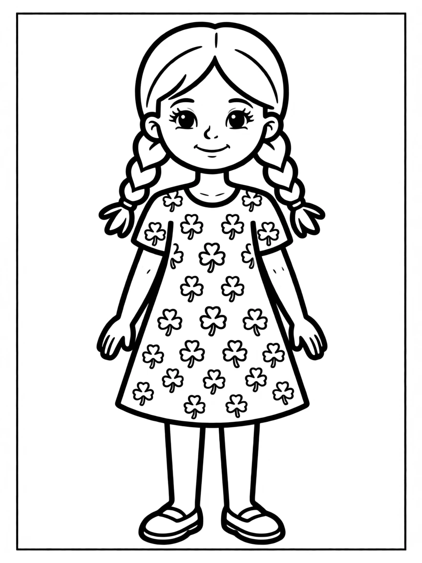 An Irish girl in a simple green dress with a shamrock print.
