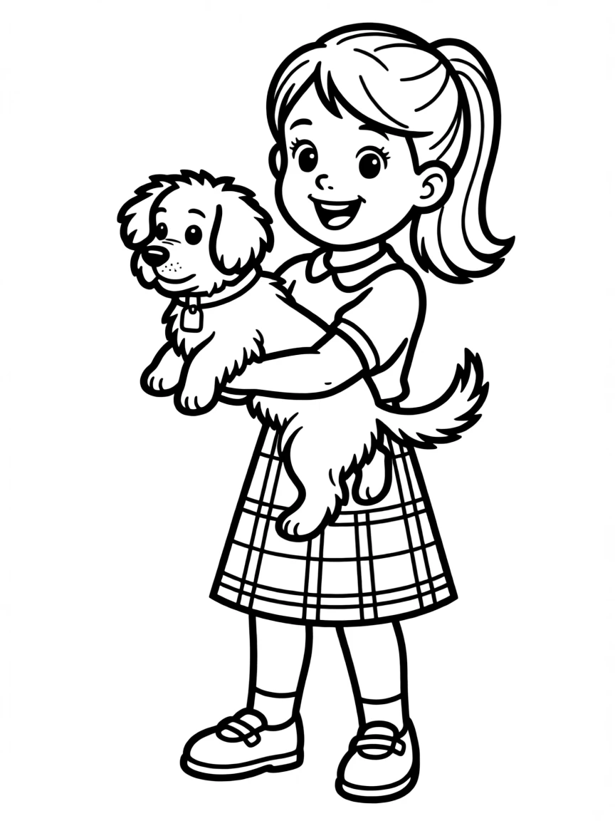 A Scottish girl in a simple tartan skirt, holding a small dog.