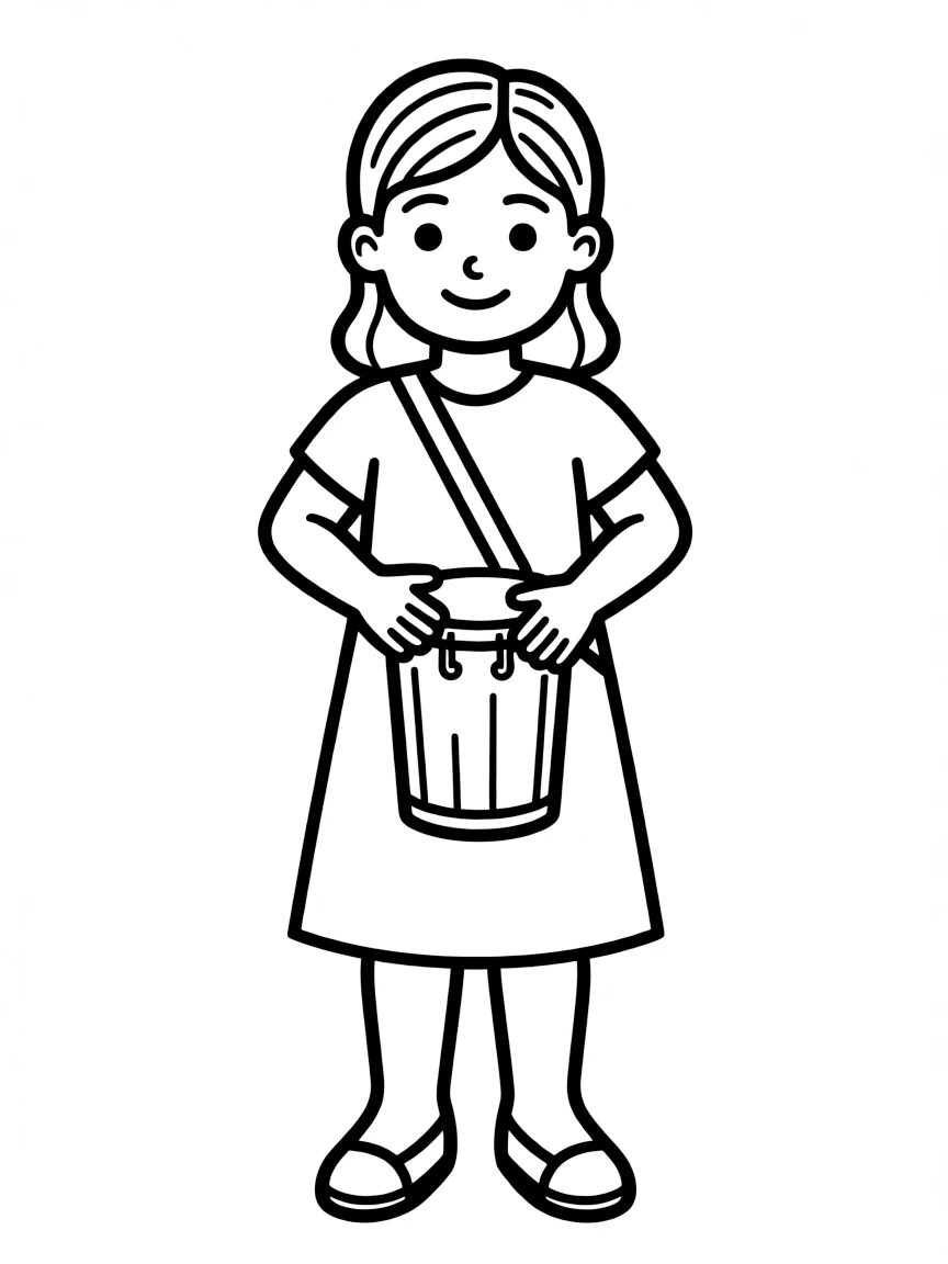 A Brazilian girl in a simple, brightly colored dress, with a small drum.
