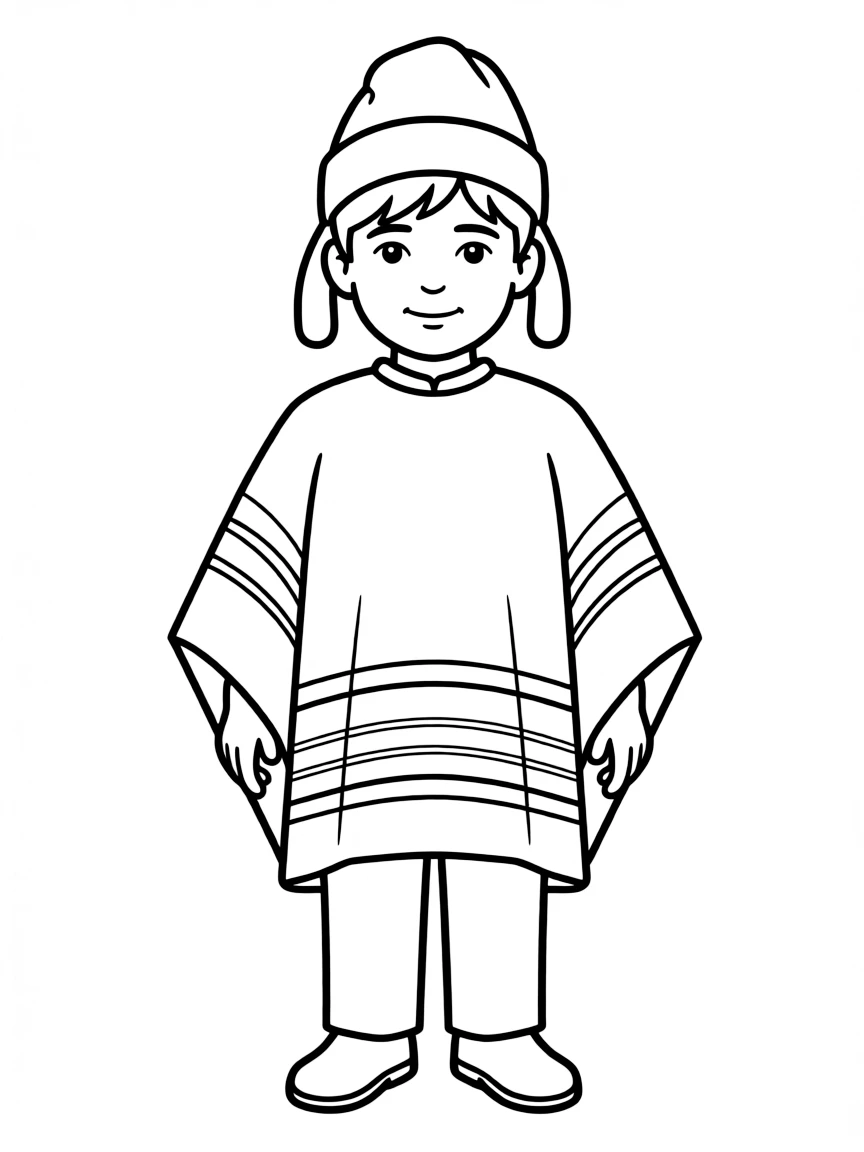 A Peruvian boy in a plain, striped poncho and a plain chullo hat.