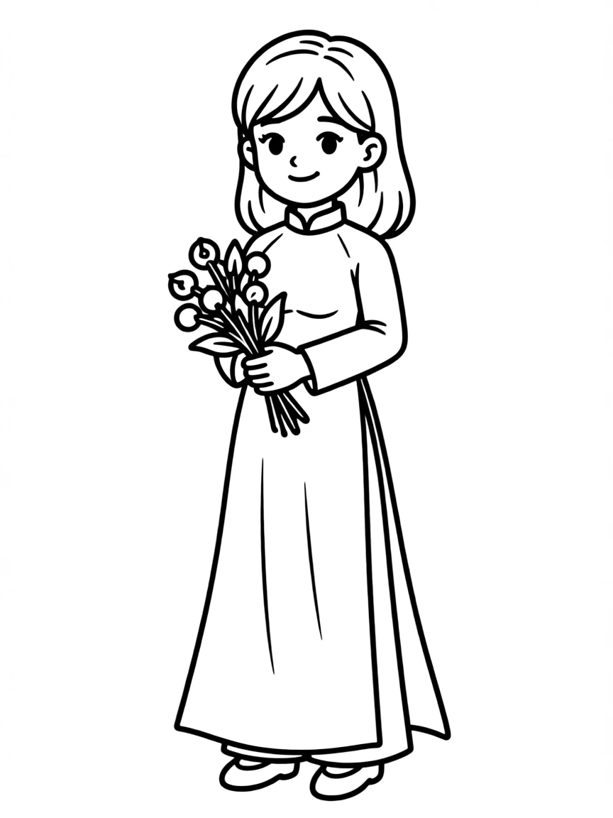 A Vietnamese girl in a plain ao dai, holding a small bouquet of flowers.