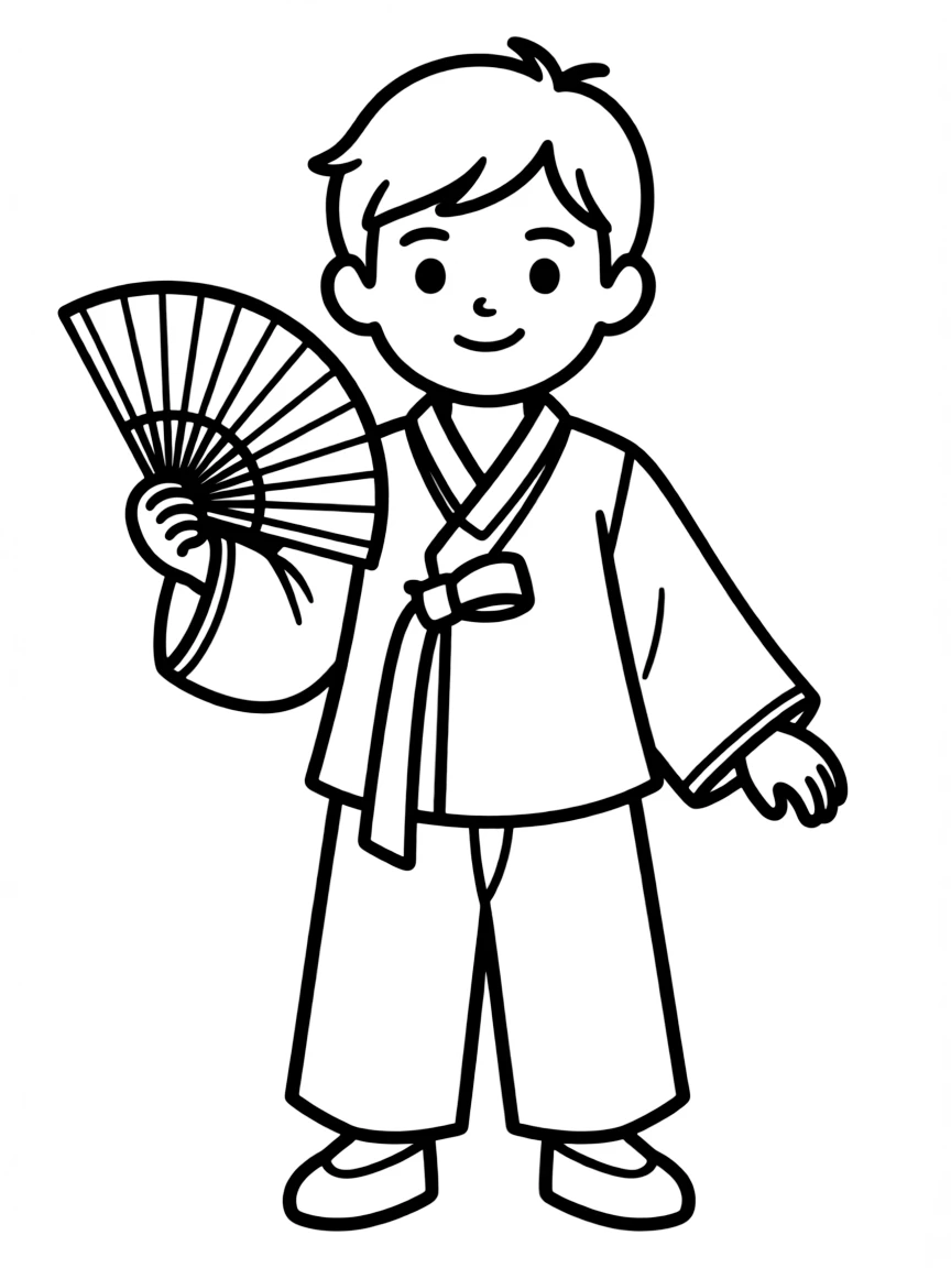 A Korean boy in a plain hanbok, holding a traditional fan.
