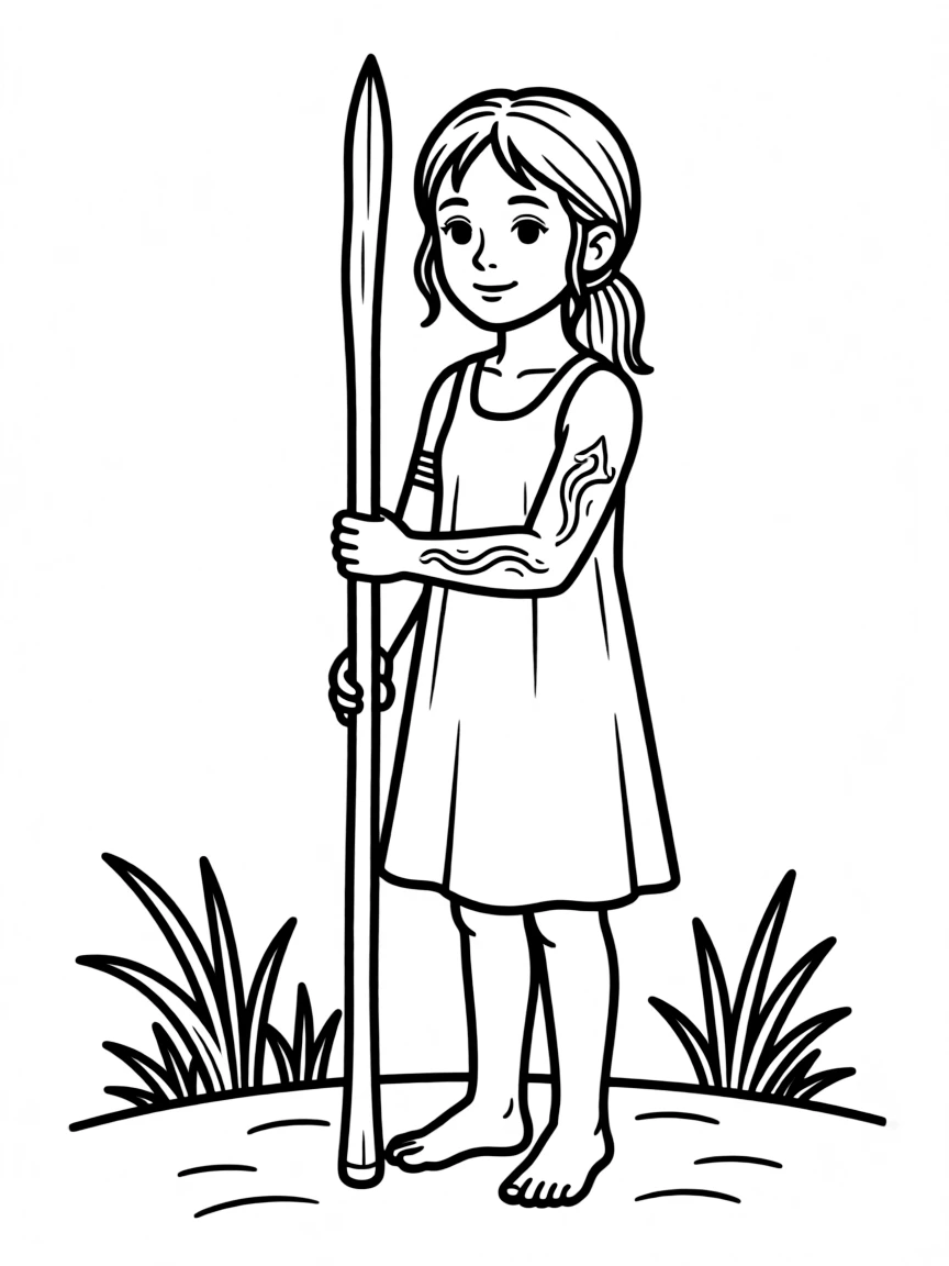 An Australian Aboriginal girl with simple lines on her arms, holding a digging stick.