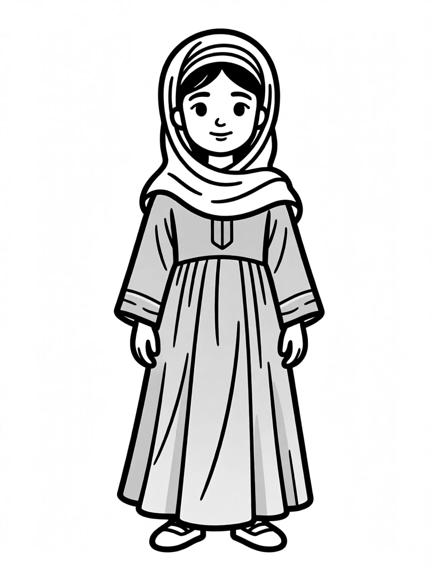 A Bedouin girl in a simple dark dress, with a light headscarf.