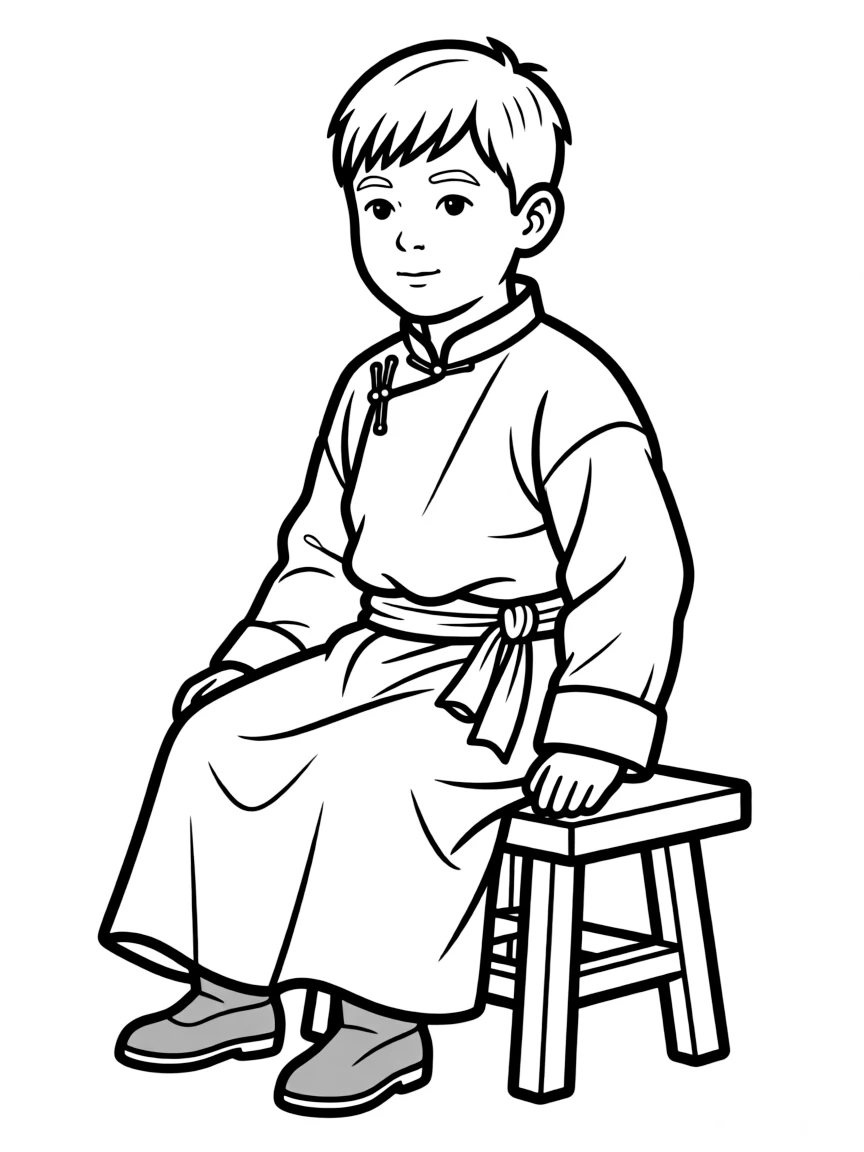 A Mongolian boy in a plain deel, sitting on a small stool.