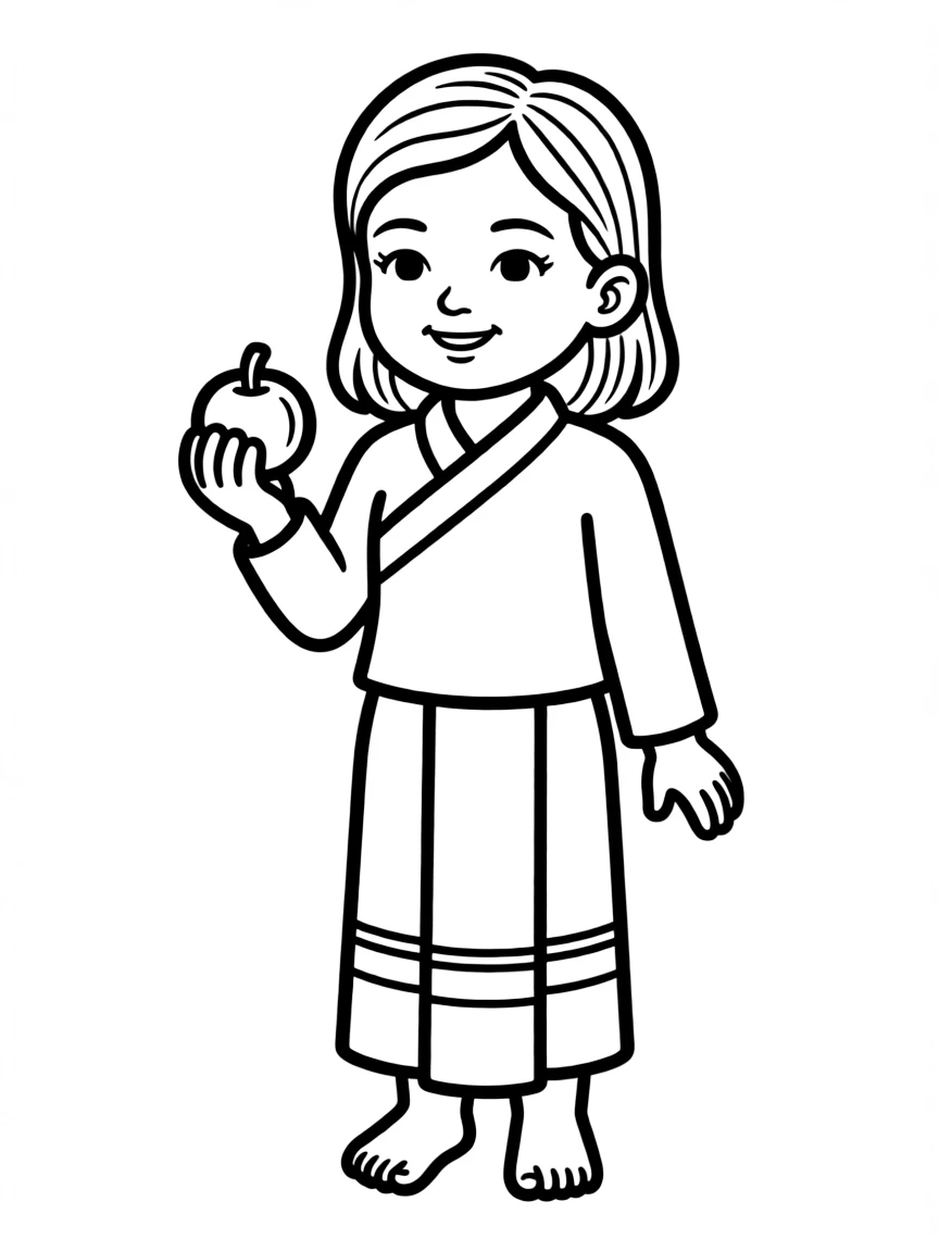 A Thai girl in a simple silk top and skirt, with a small piece of fruit.