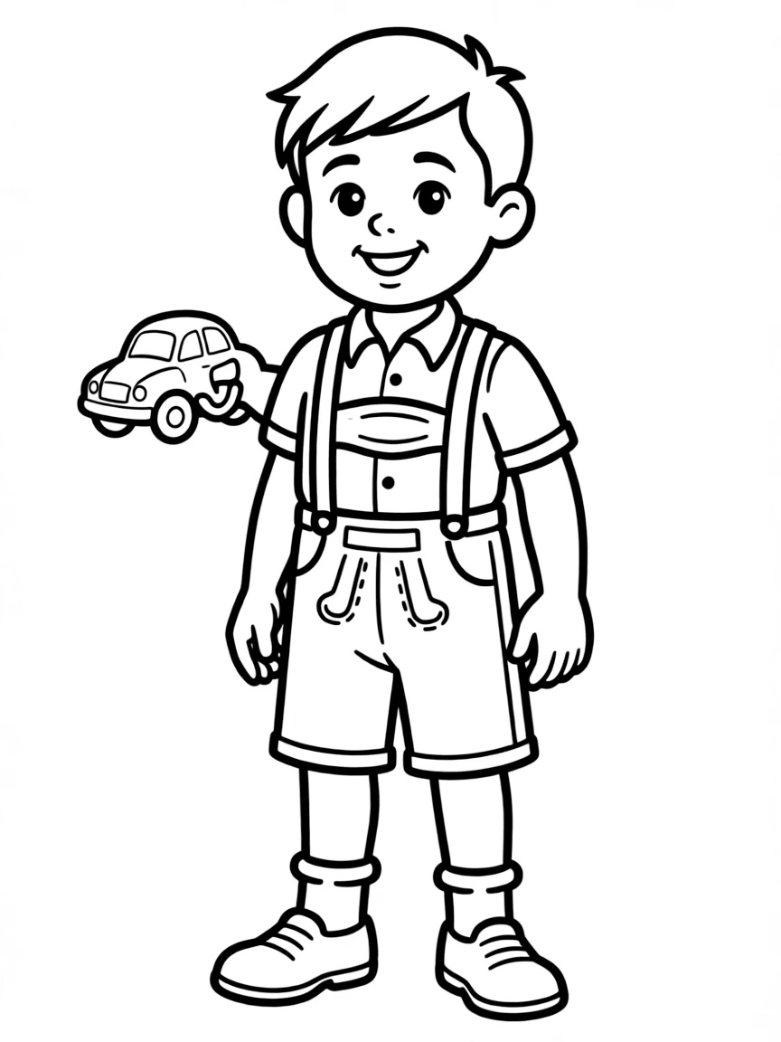 A German boy in plain lederhosen, holding a small toy car.