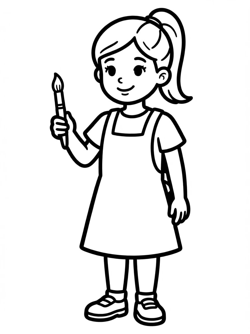 An Italian girl in a simple apron dress, holding a small paintbrush.