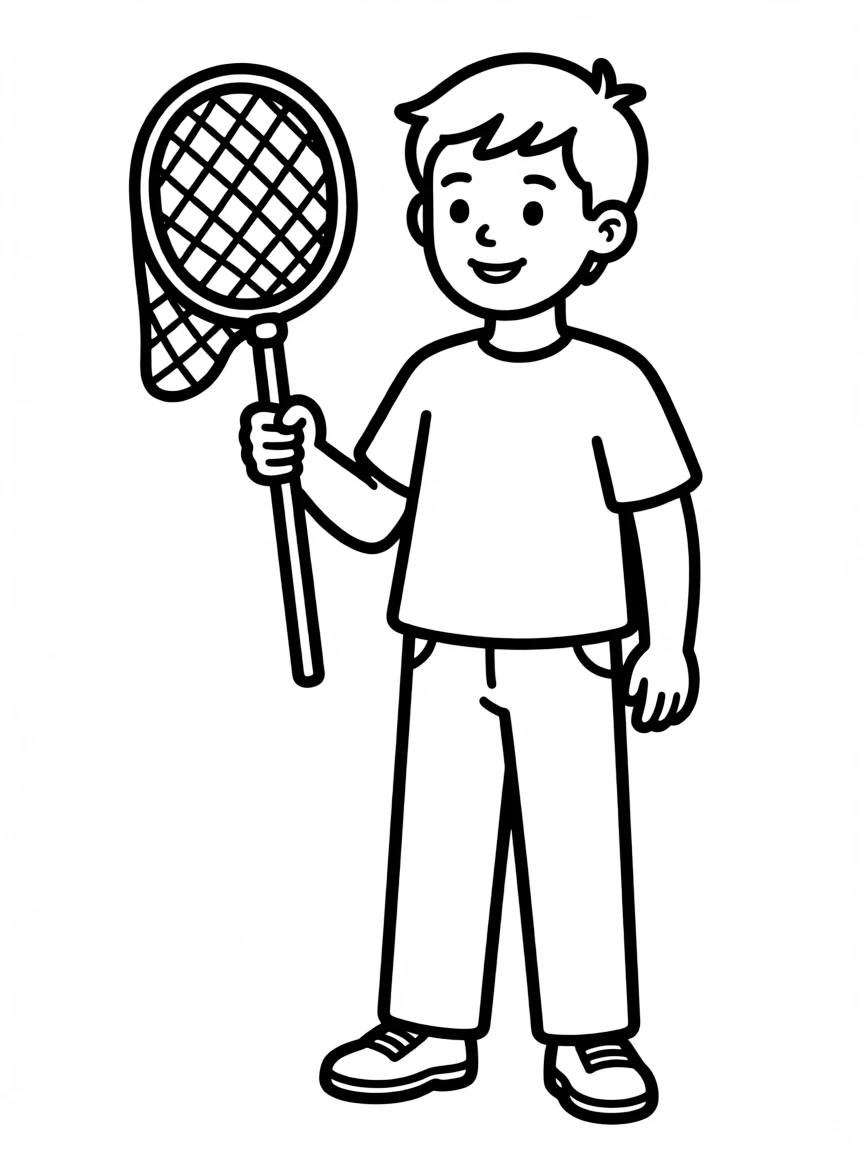 A Greek boy in a plain white shirt and trousers, with a small fishing net.