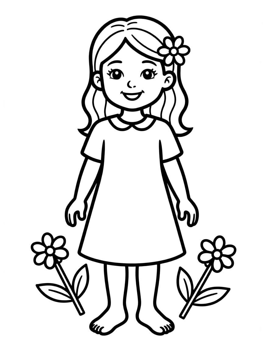A Spanish girl in a simple red dress with a single flower in her hair.