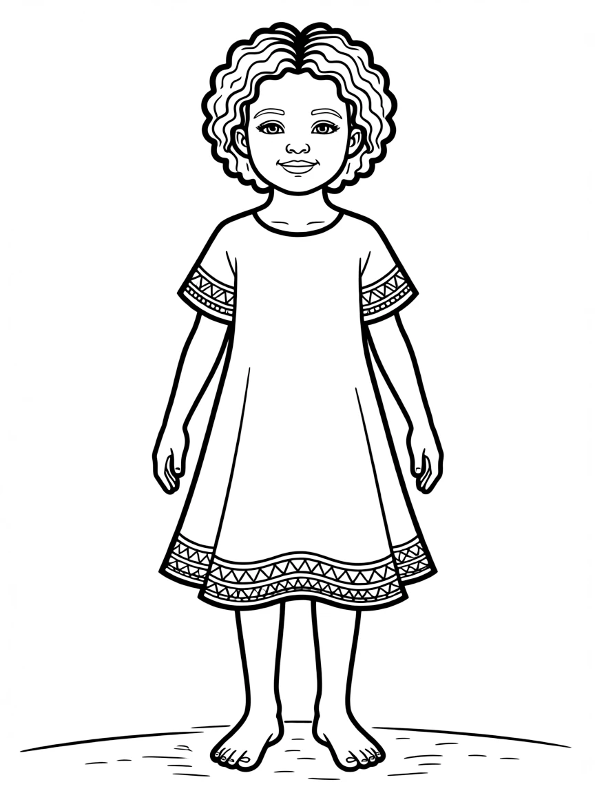 An Ethiopian girl in a simple white dress with a border pattern.