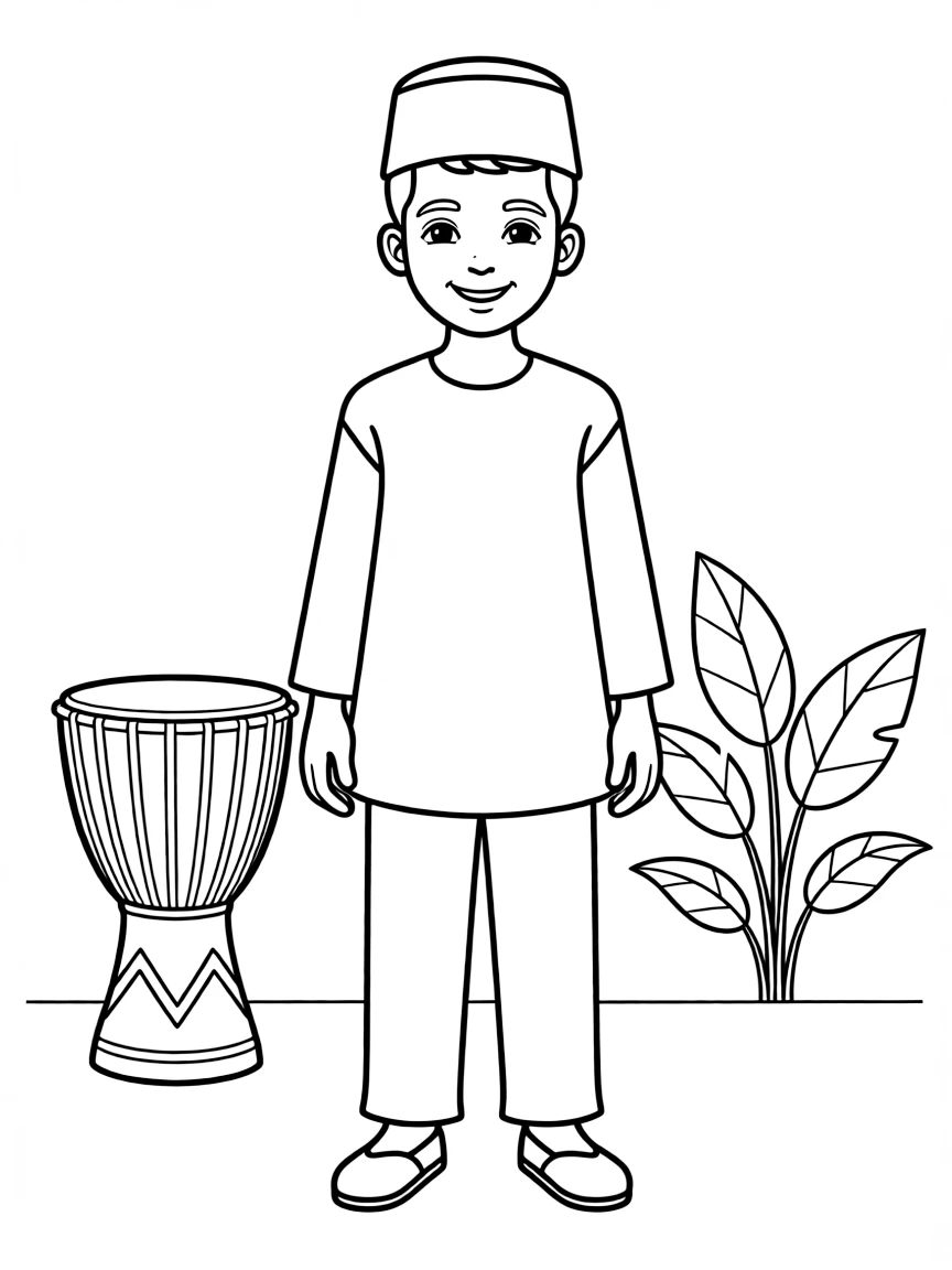 A Nigerian boy in a simple buba and sokoto, with a small cap.