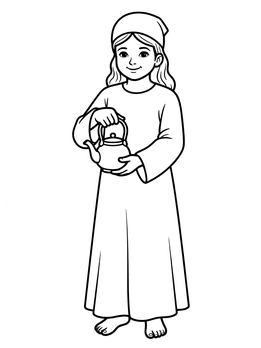 A Moroccan girl in a plain djellaba, with a small teapot.